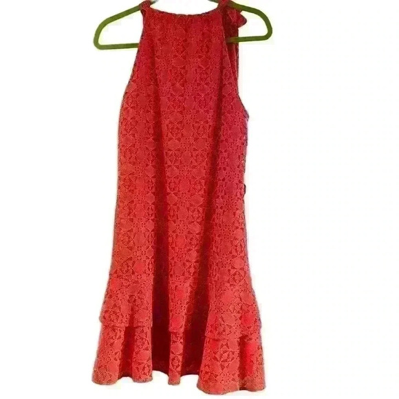 Trina Turk Pink Lace Cocktail Halter Dress Size Medium Ruffle Jaunty Oleander - Picture 2 of 5